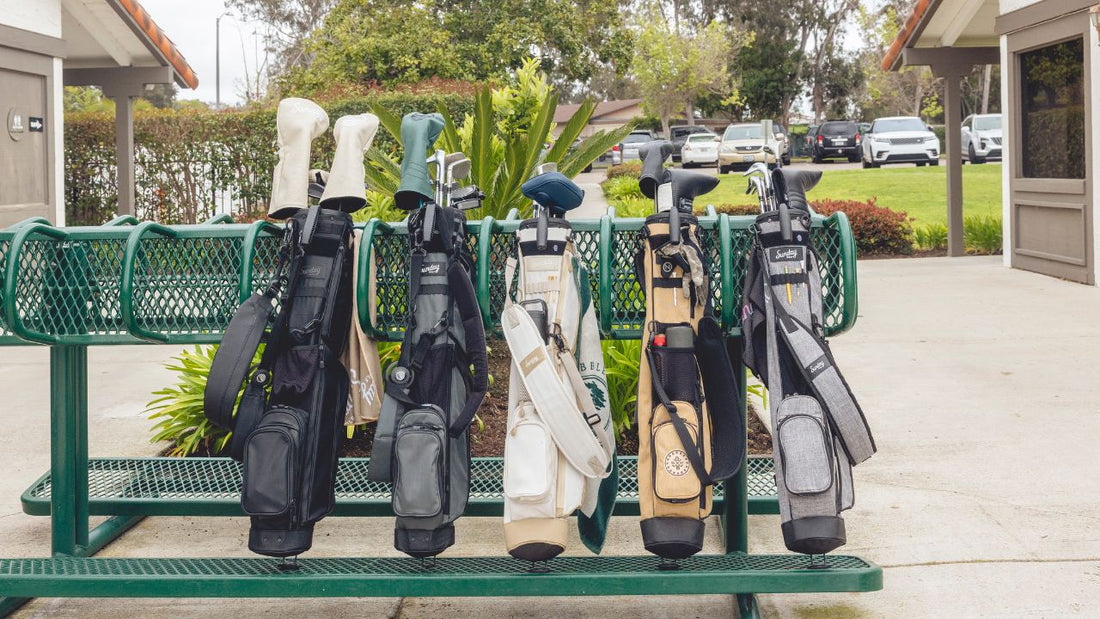 Sunday golf bags in a rack