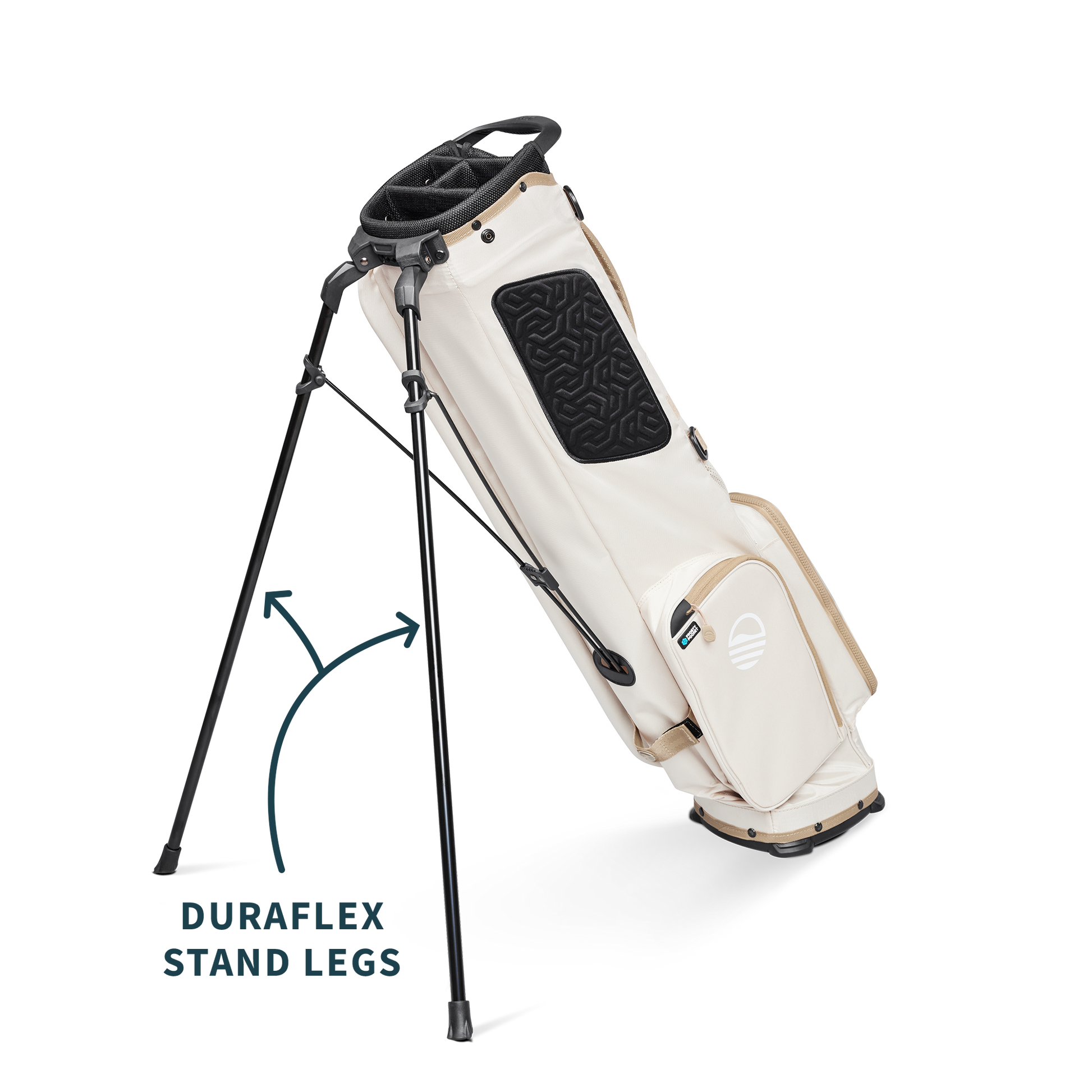 A full shot of El Camino golf bag in toasted almond facing backward along with product description labels