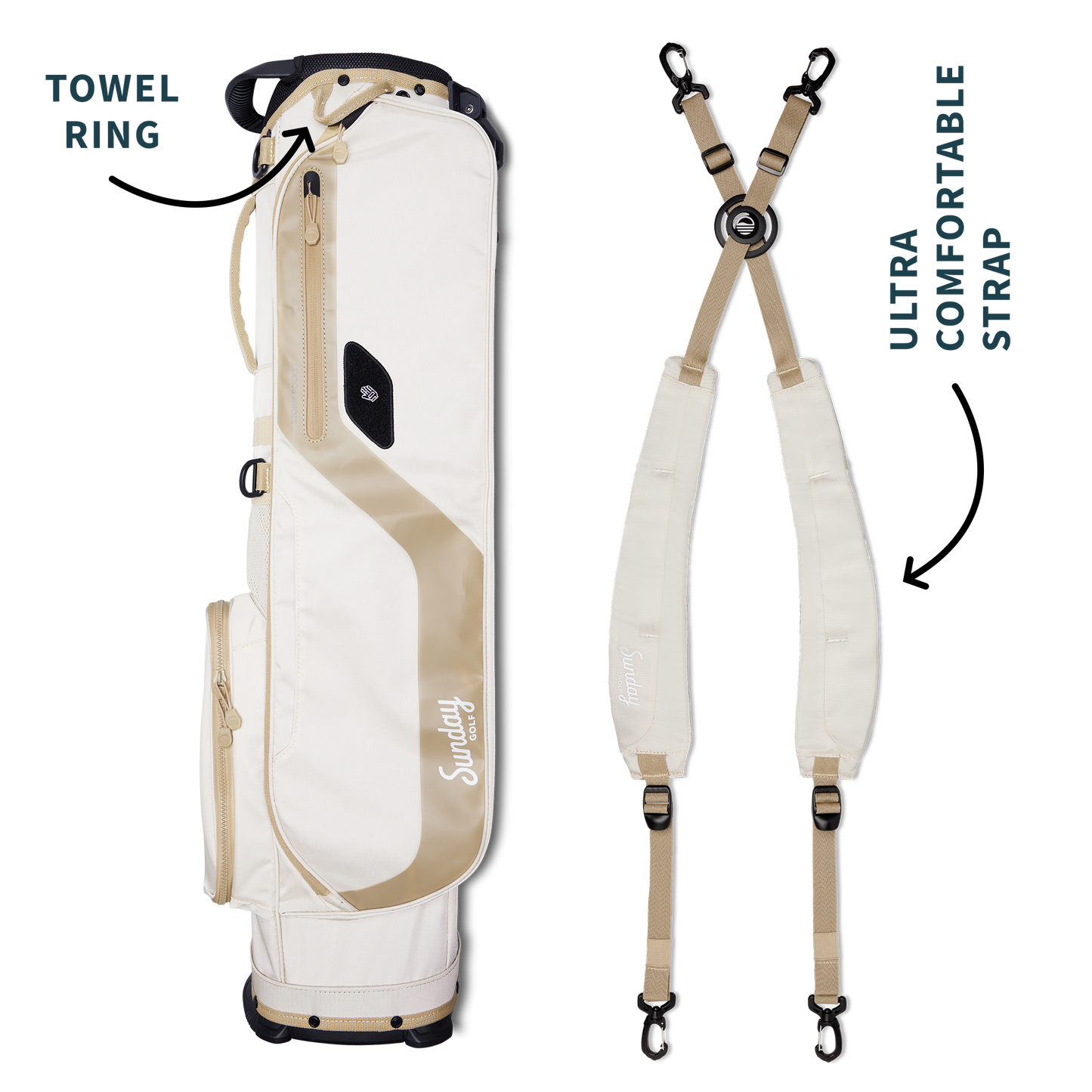 A full shot of El Camino golf bag in toasted almond laying flat sideways beside its double strap with product description labels