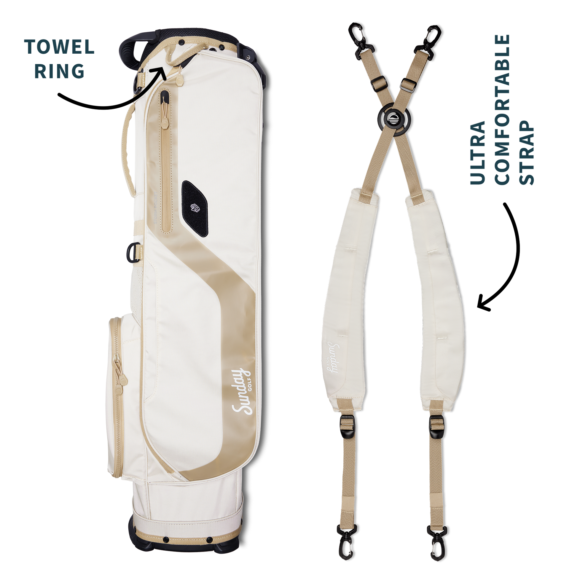 A full shot of El Camino golf bag in toasted almond laying flat sideways beside its double strap with product description labels