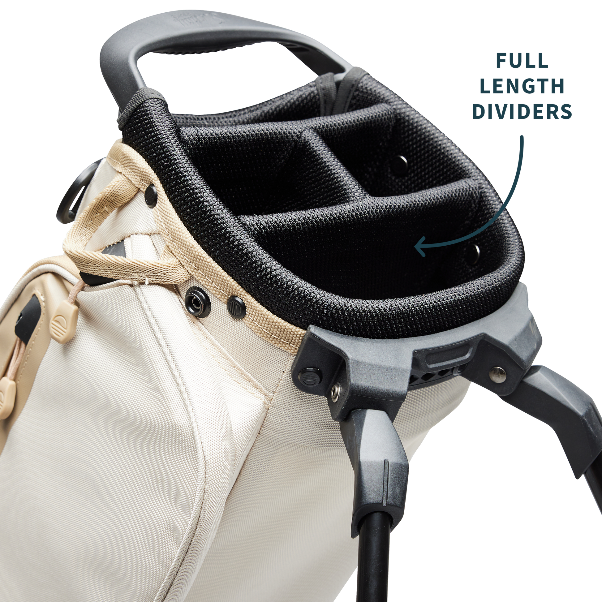 A close up top view of a toasted almond El Camino golf bag's 4 way divider along with product description labels