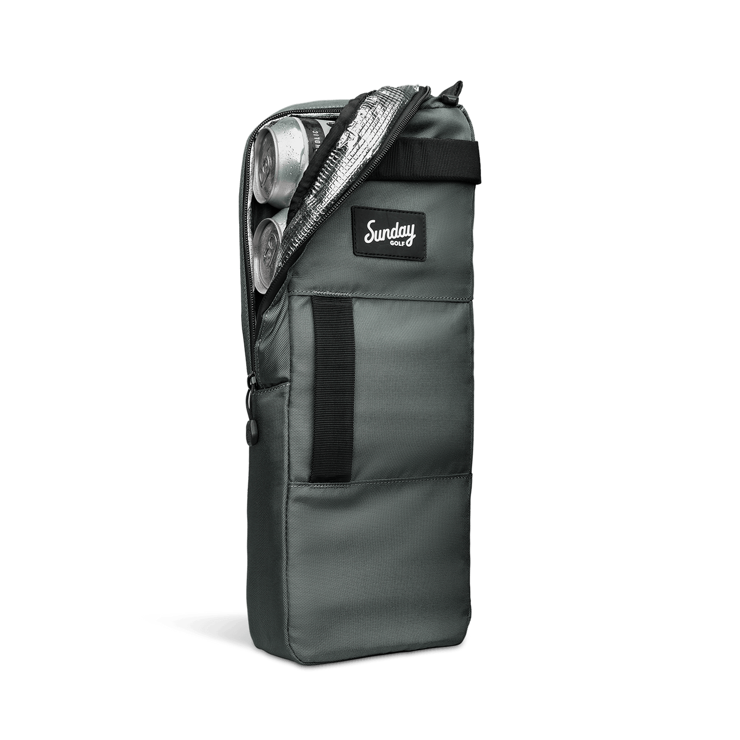 A front shot of big frosty golf cooler bag in midnight green partially unzipped showing canned drinks inside