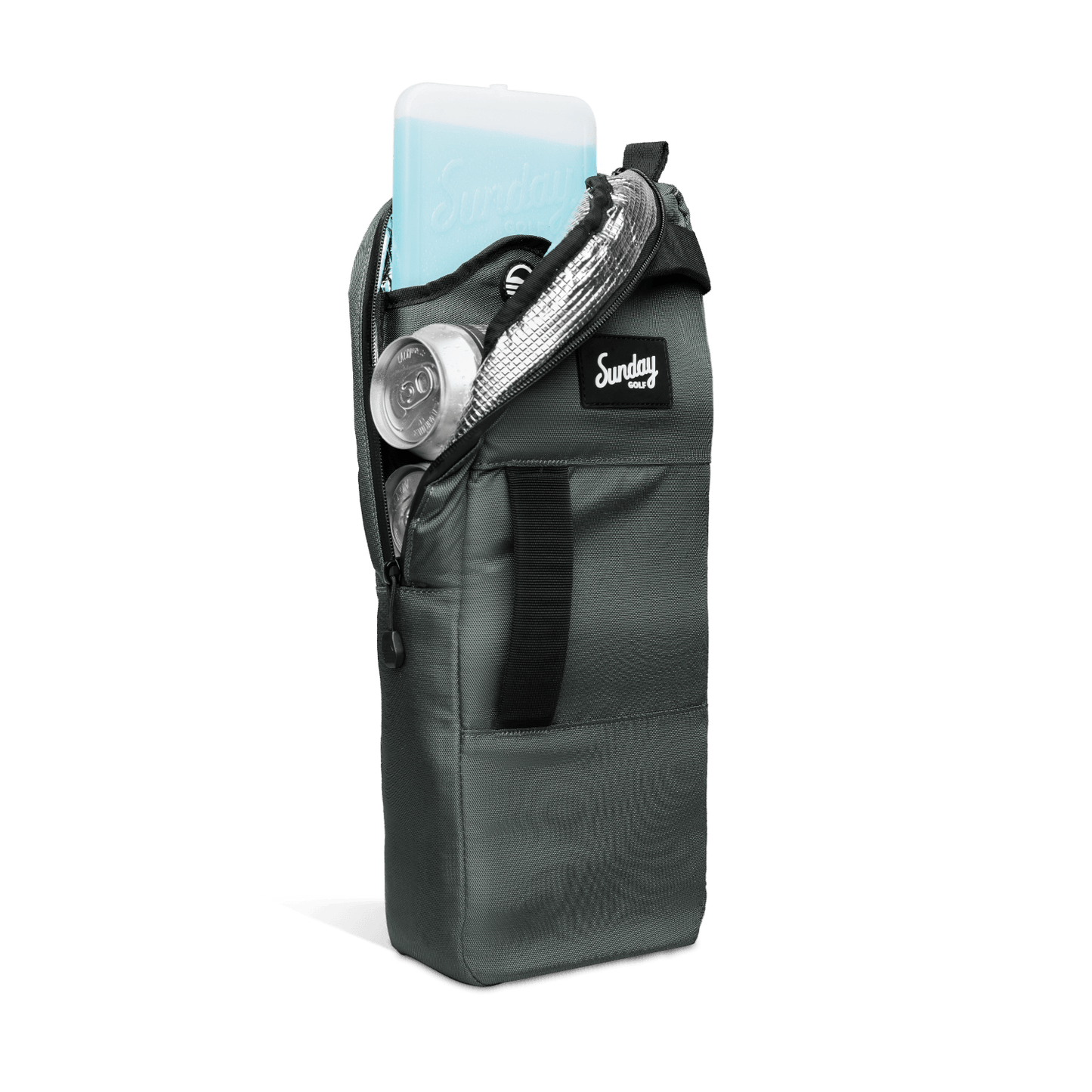 A front shot of big frosty golf cooler bag in midnight green unzipped showing canned drinks and an icepack inside