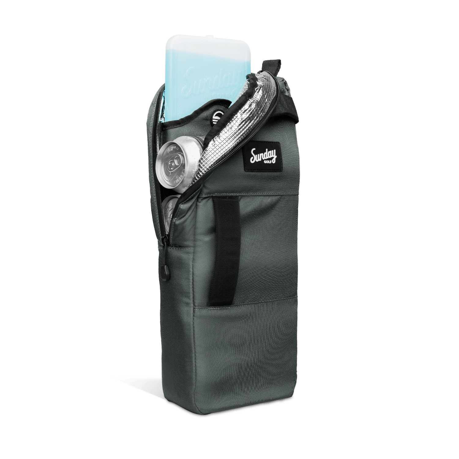 A front shot of big frosty golf cooler bag in midnight green unzipped showing canned drinks and an icepack inside