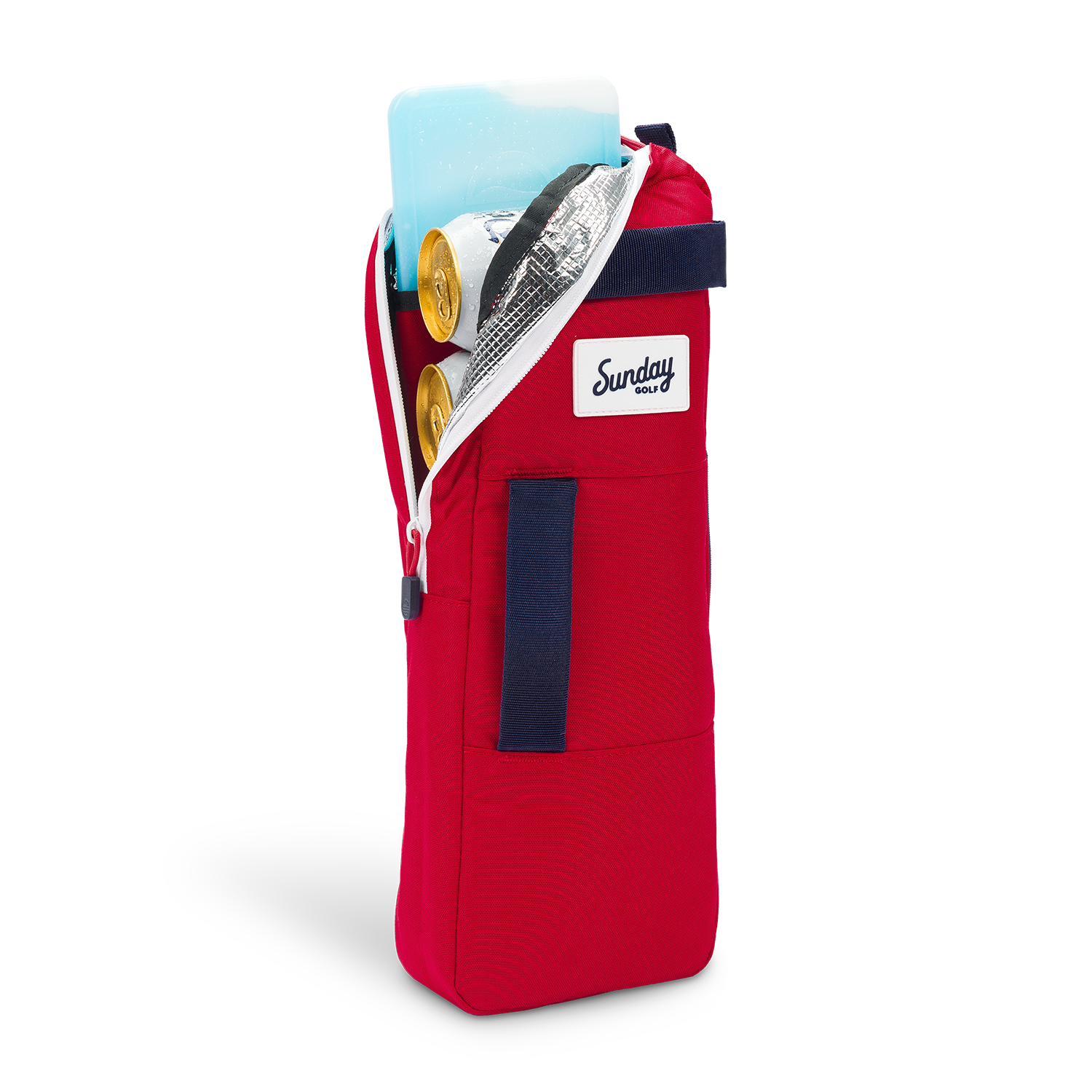 A front shot of big frosty golf cooler bag in USA unzipped showing canned drinks and an icepack inside
