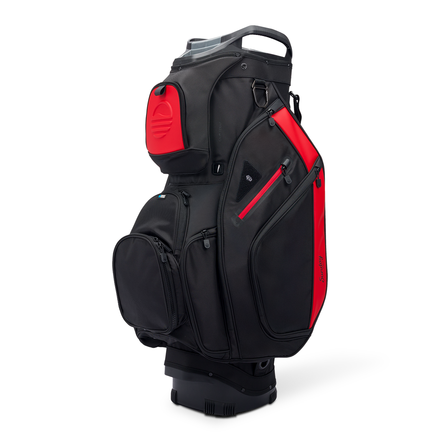 Front shot of Big Rig golf bag in blackjack showing the pockets and some of its features