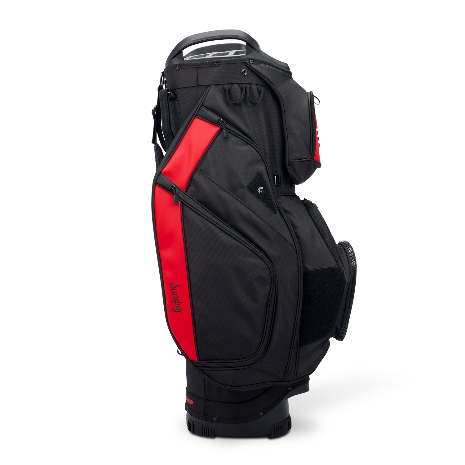 Side shot of Big Rig golf bag in blackjack showing the glove holder, easy access pockets and other features of the bag