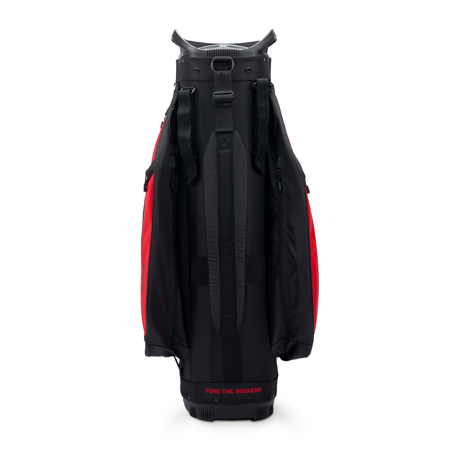 Back shot of Big Rig golf bag in blackjack showing the strap of the band