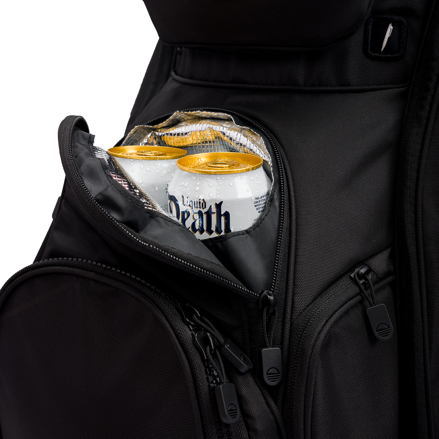 A close up shot of blackjack big rig golf bag's frosty pocket with canned drinks inside