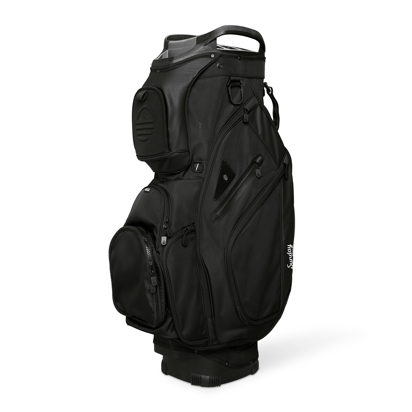 Front shot of Big Rig golf bag in matte black showing the pockets and some of its features