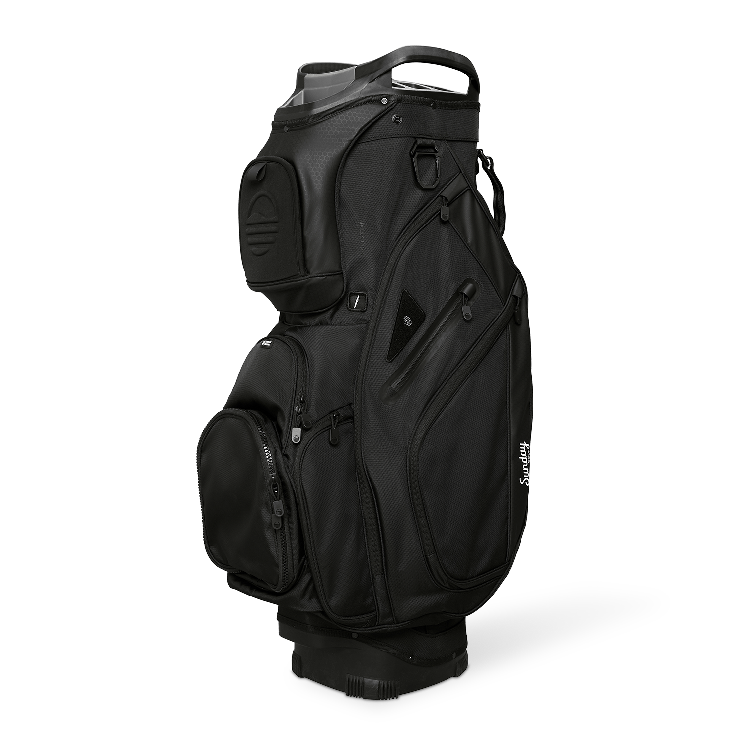 Front shot of Big Rig golf bag in matte black showing the pockets and some of its features