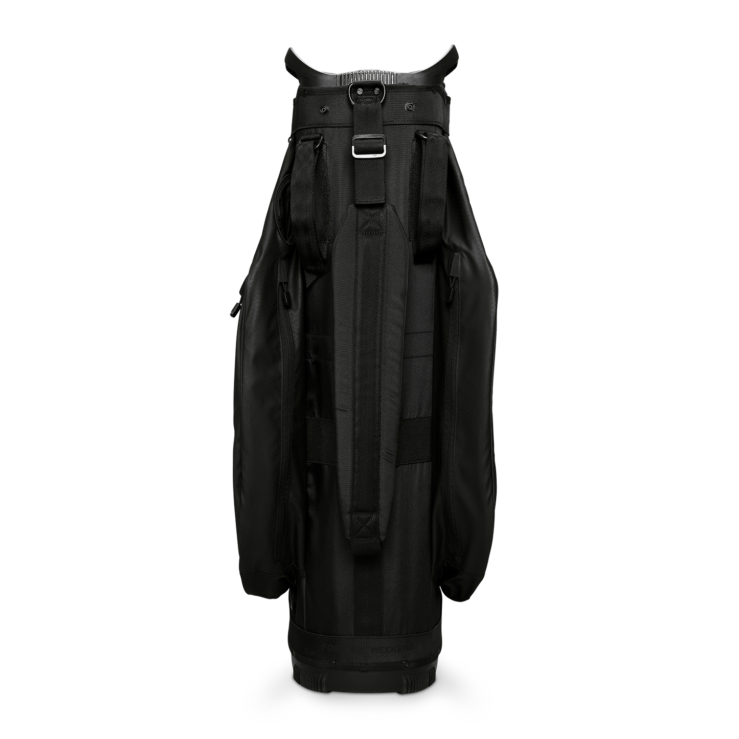 Back shot of Big Rig golf bag in matte black showing the strap of the bag