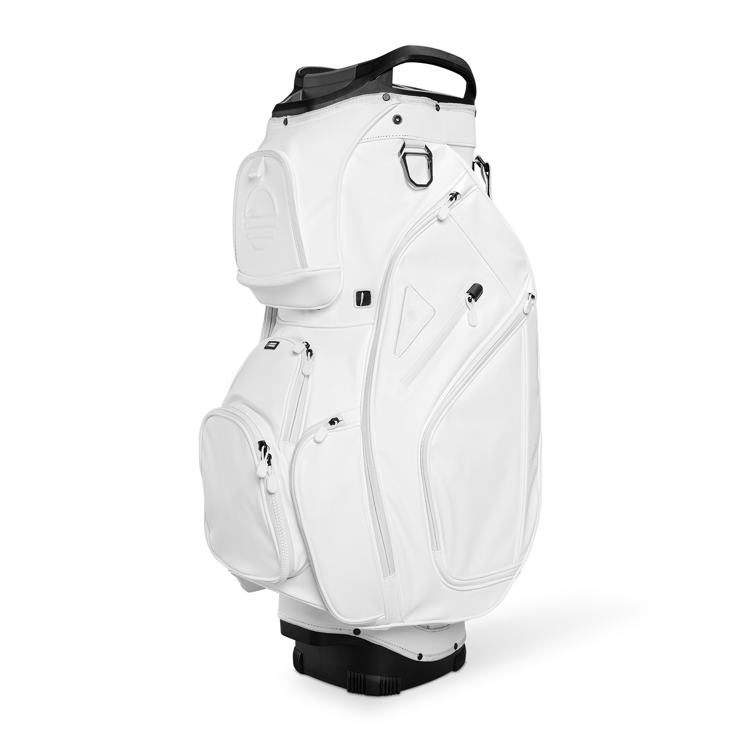 Front shot of Big Rig S-Class golf bag in white vegan leather showing the pockets and some of its features