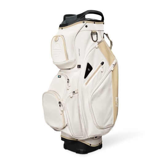 Front shot of Big Rig golf bag in toasted almond showing the pockets and some of its features