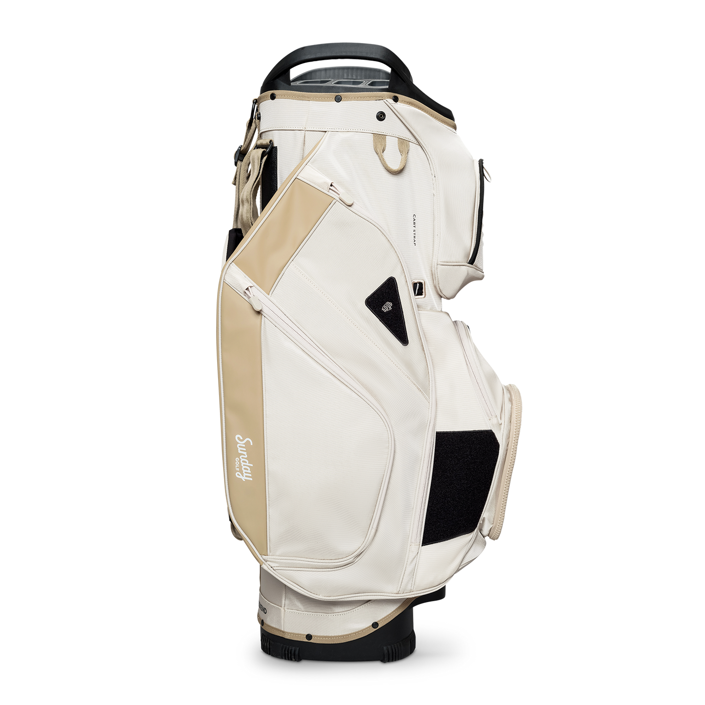 Side shot of Big Rig golf bag in toasted almond showing the glove holder, easy access pockets and other features of the bag