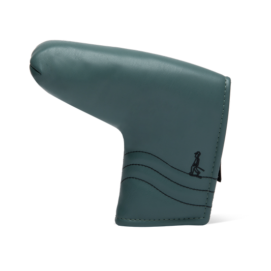 Front shot of blade putter golf headcover in midnight green vegan leather