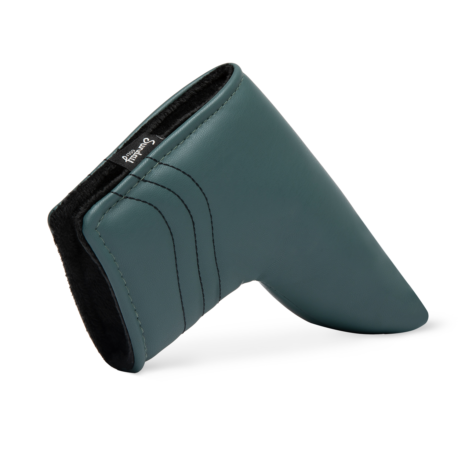 Side shot of blade putter golf headcover in midnight green vegan leather
