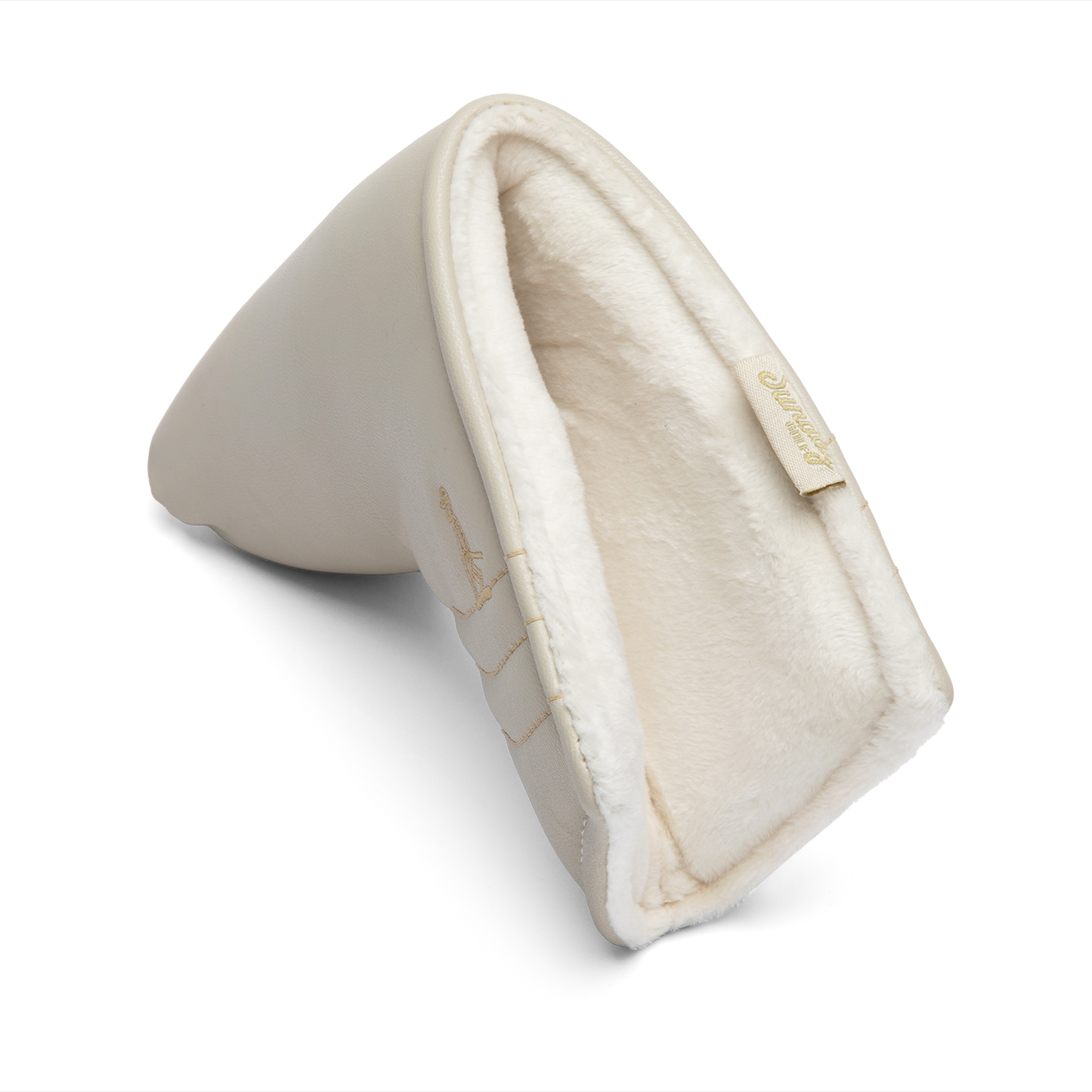 Side shot of blade putter golf headcover in toasted almond vegan leather