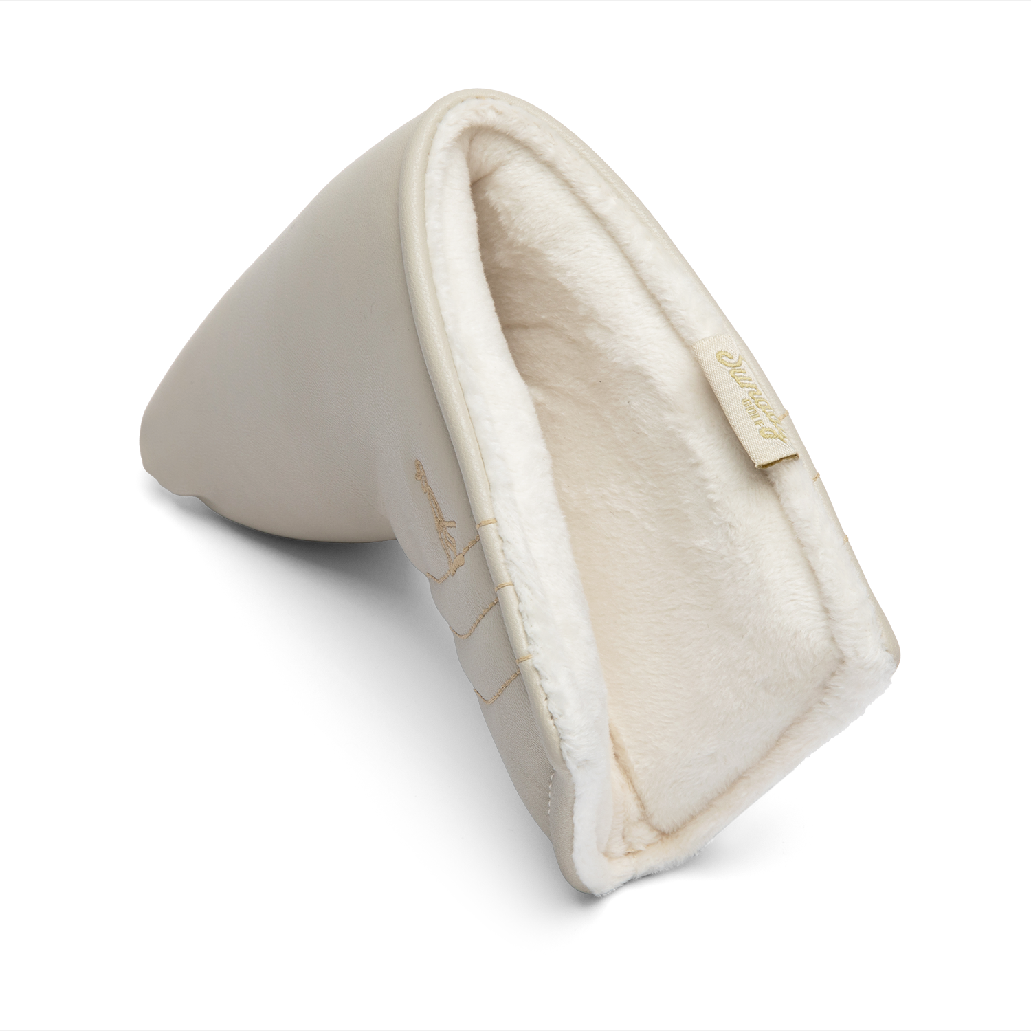 Side shot of blade putter golf headcover in toasted almond vegan leather