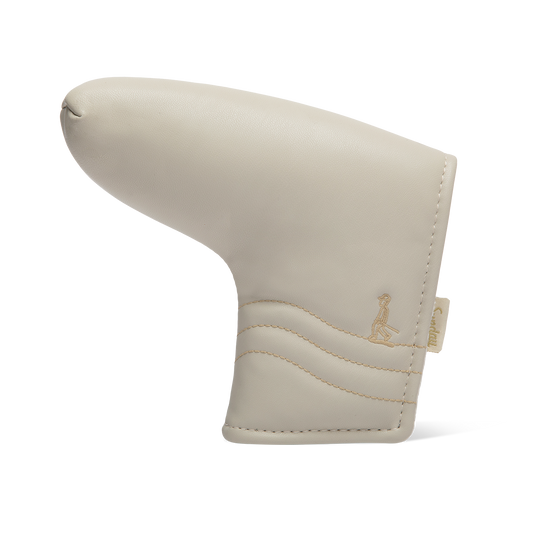 Front shot of blade putter golf headcover in toasted almond vegan leather