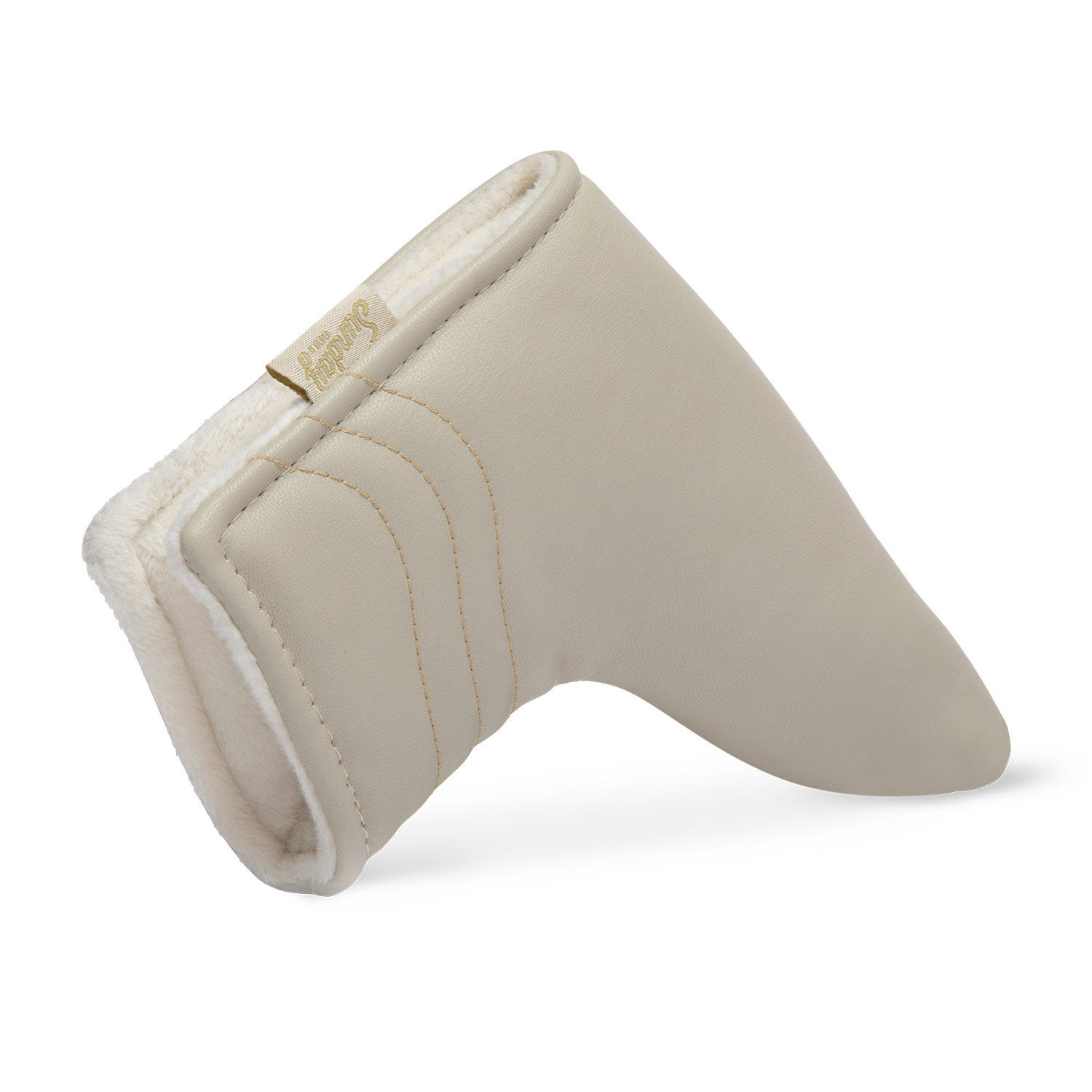 Close up shot of blade putter golf headcover in toasted almond vegan leather showing its linings