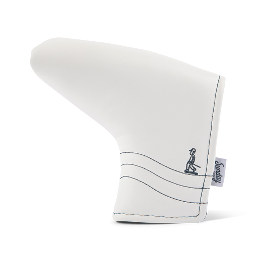 Front shot of blade putter golf headcover in white/navy vegan leather