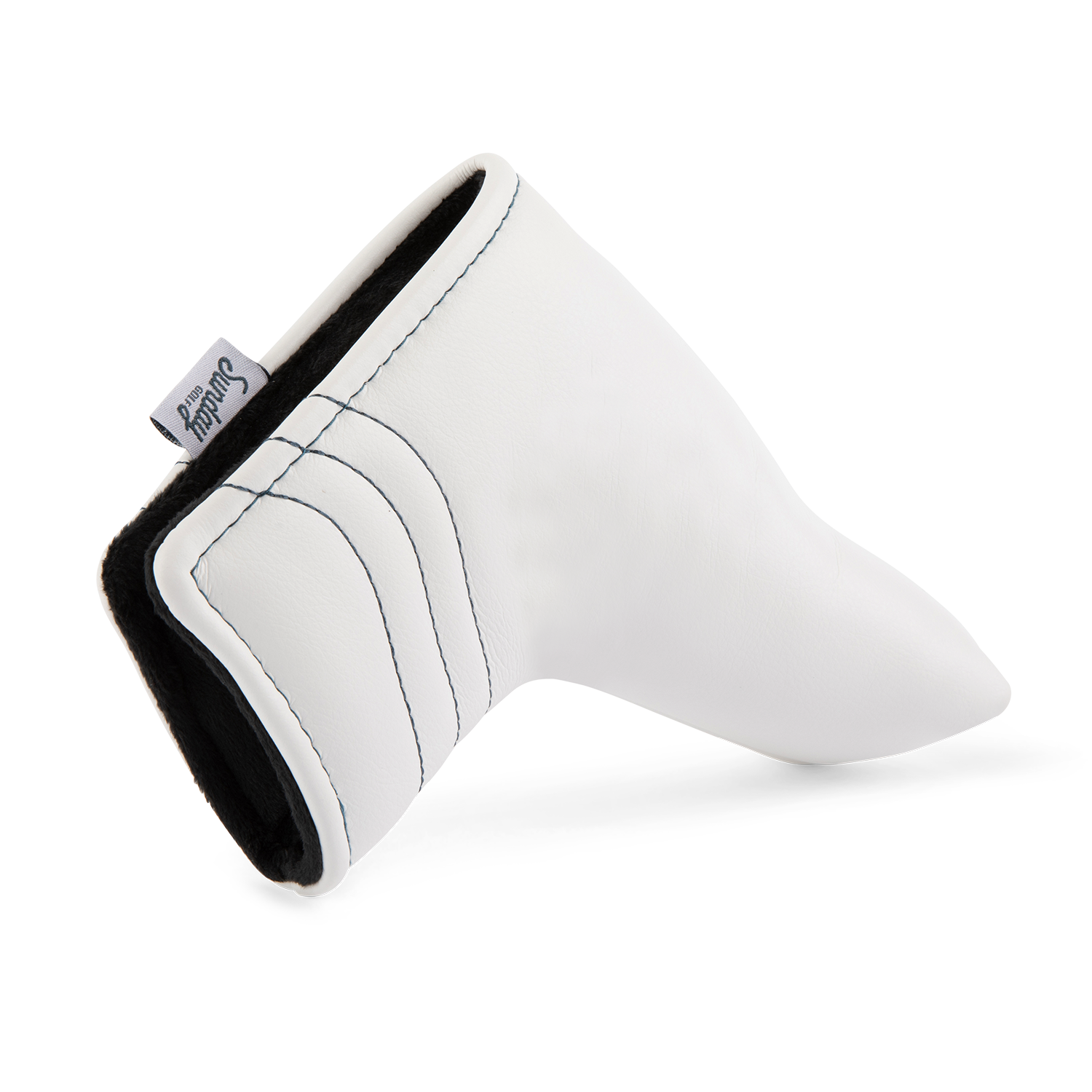 Close up shot of blade putter golf headcover in white/navy vegan leather showing its linings