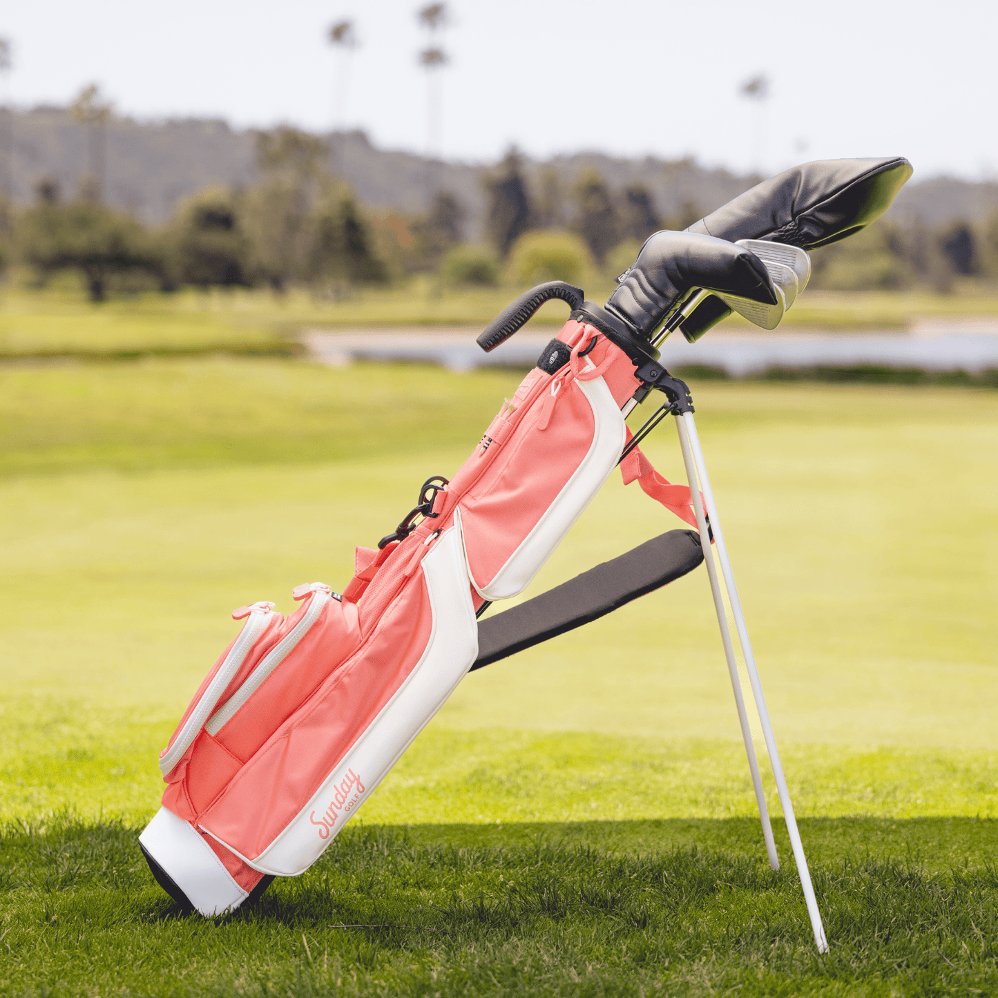 Coral golf bag with clubs on a grassy field