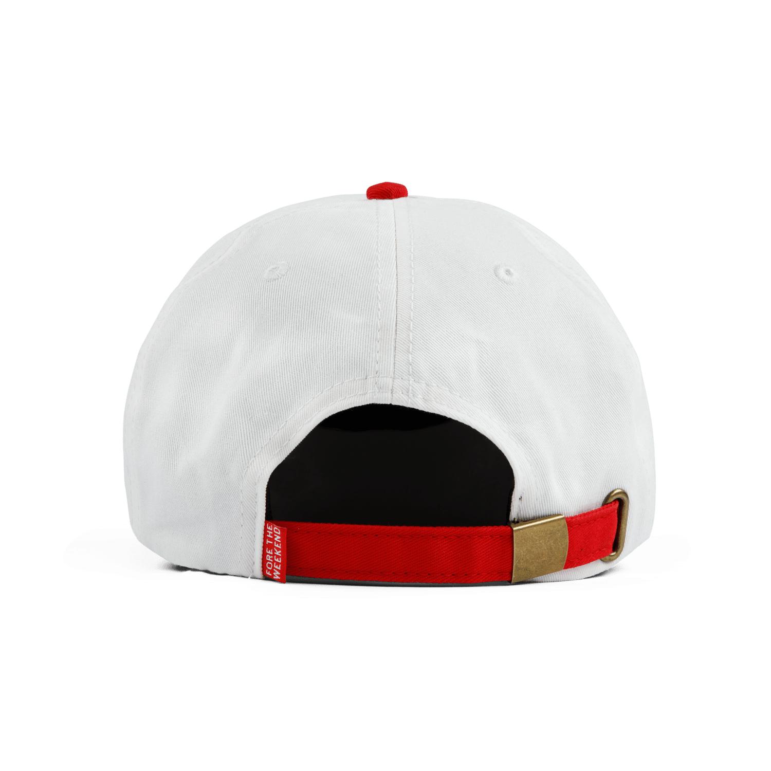 Back shot of red and cream dad golf hat