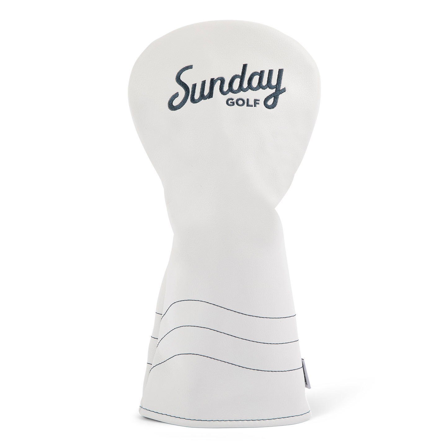 Front shot of driver golf headcover in white and navy vegan leather