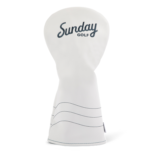 Front shot of driver golf headcover in white and navy vegan leather