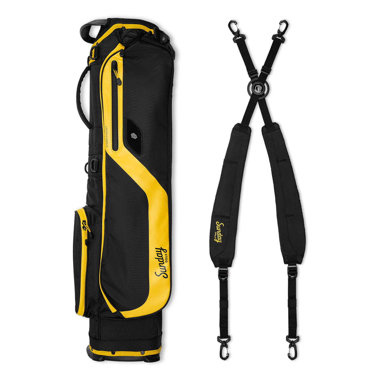 A full shot of El Camino golf bag in black & yellow laying flat sideways beside its double strap