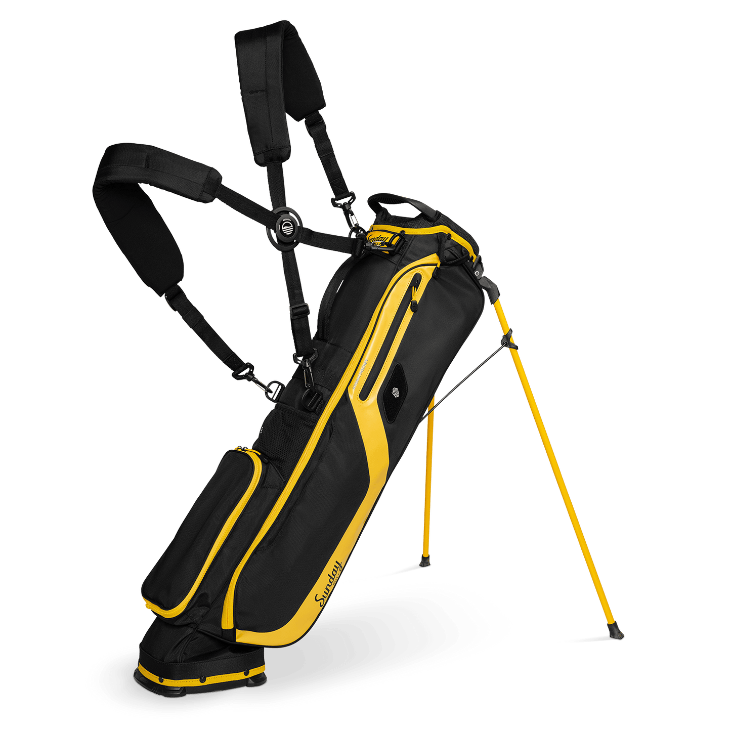 A full front shot of standing El Camino golf bag in black & yellow with double strap