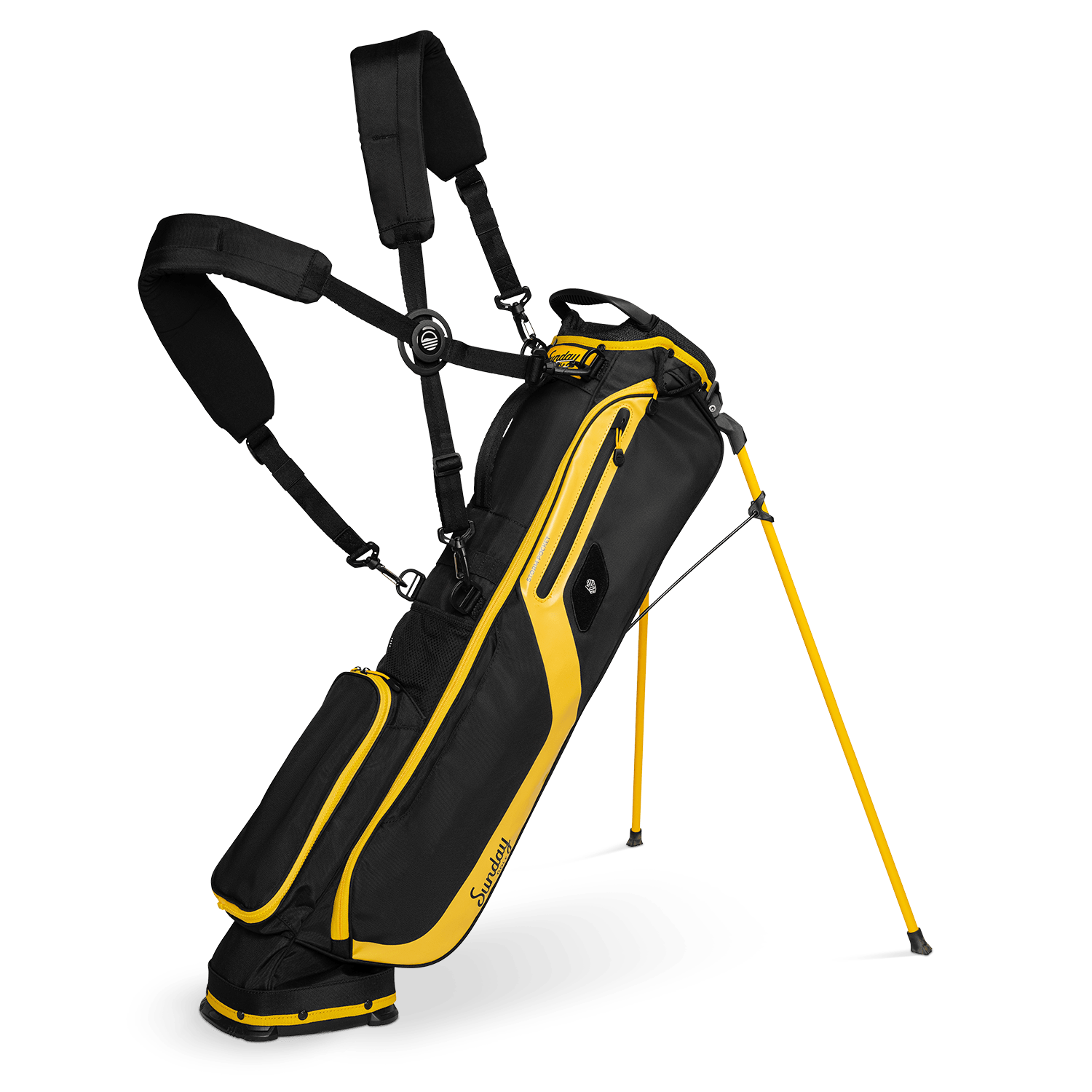 A full front shot of standing El Camino golf bag in black & yellow with double strap