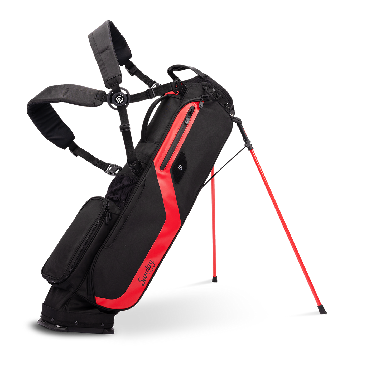 A full front shot of standing El Camino golf bag in blackjack with double strap