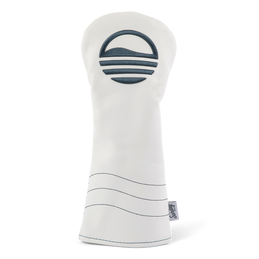 Front shot of fairway wood golf headcover in white and navy vegan leather