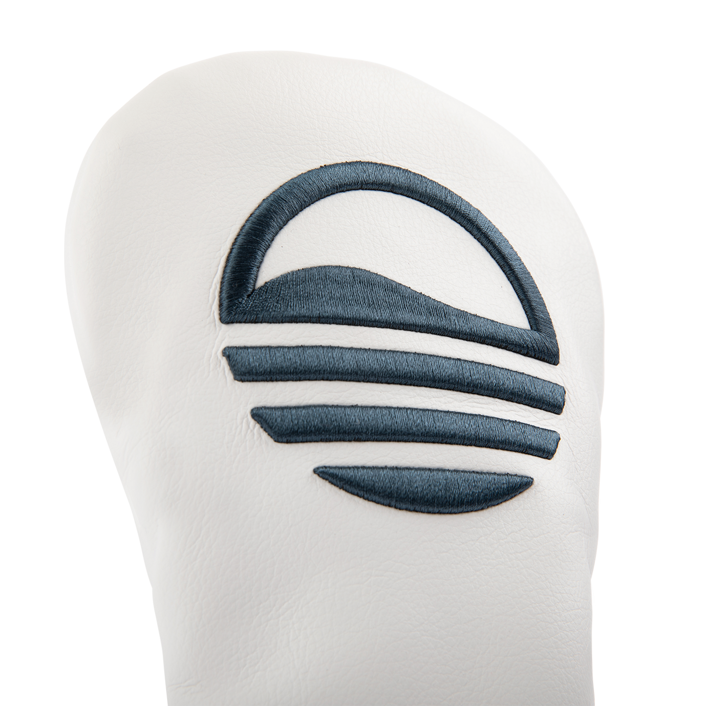 Close up shot of fairway wood golf headcover in white and navy vegan leather showing its material and Sunday Golf logo