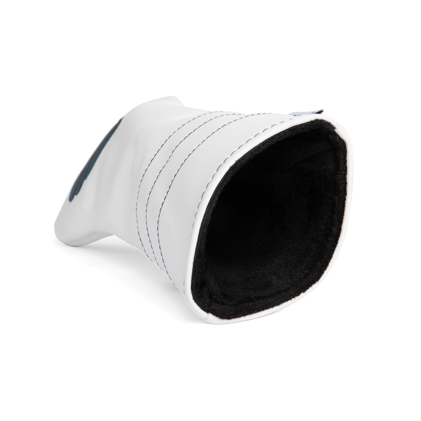 Inward shot of fairway wood golf headcover in white and navy vegan leather