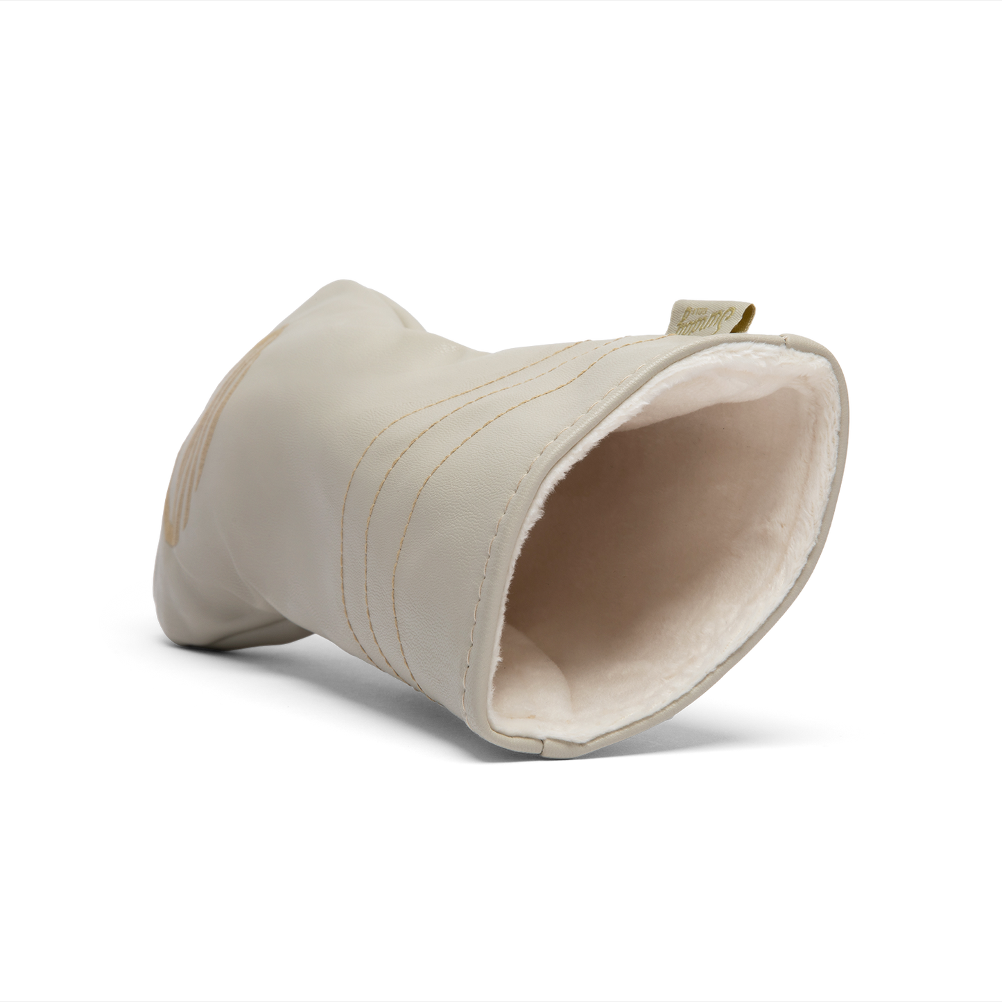 Inward shot of fairway wood golf headcover in toasted almond vegan leather