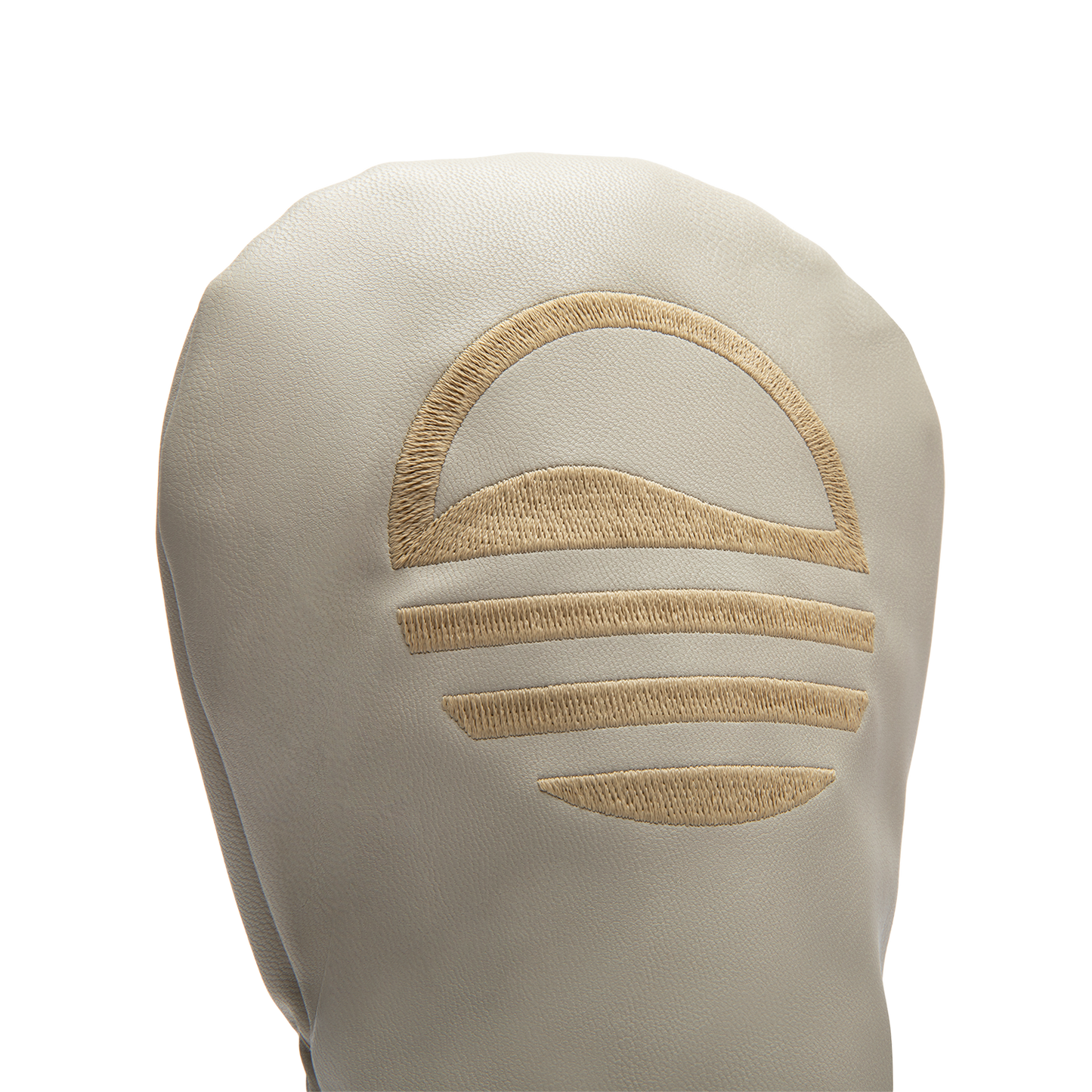 Close up shot of fairway wood golf headcover in toasted almond vegan leather showing its material and Sunday Golf logo
