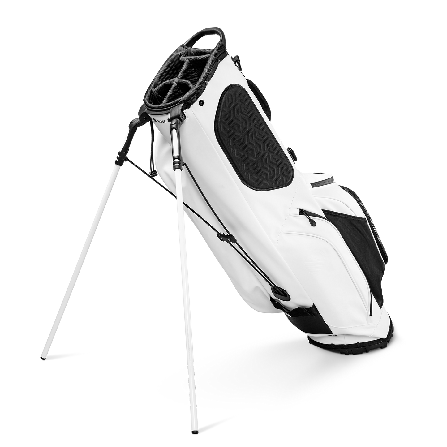 A full shot of standing Ryder S-Class x Garage Beer collab golf bag facing backward