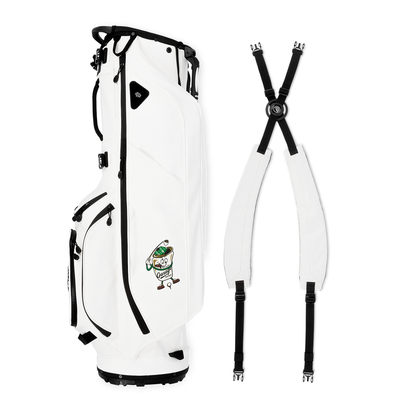A full shot of Ryder S-Class x Garage Beer collab golf bag laying flat sideways beside its double strap