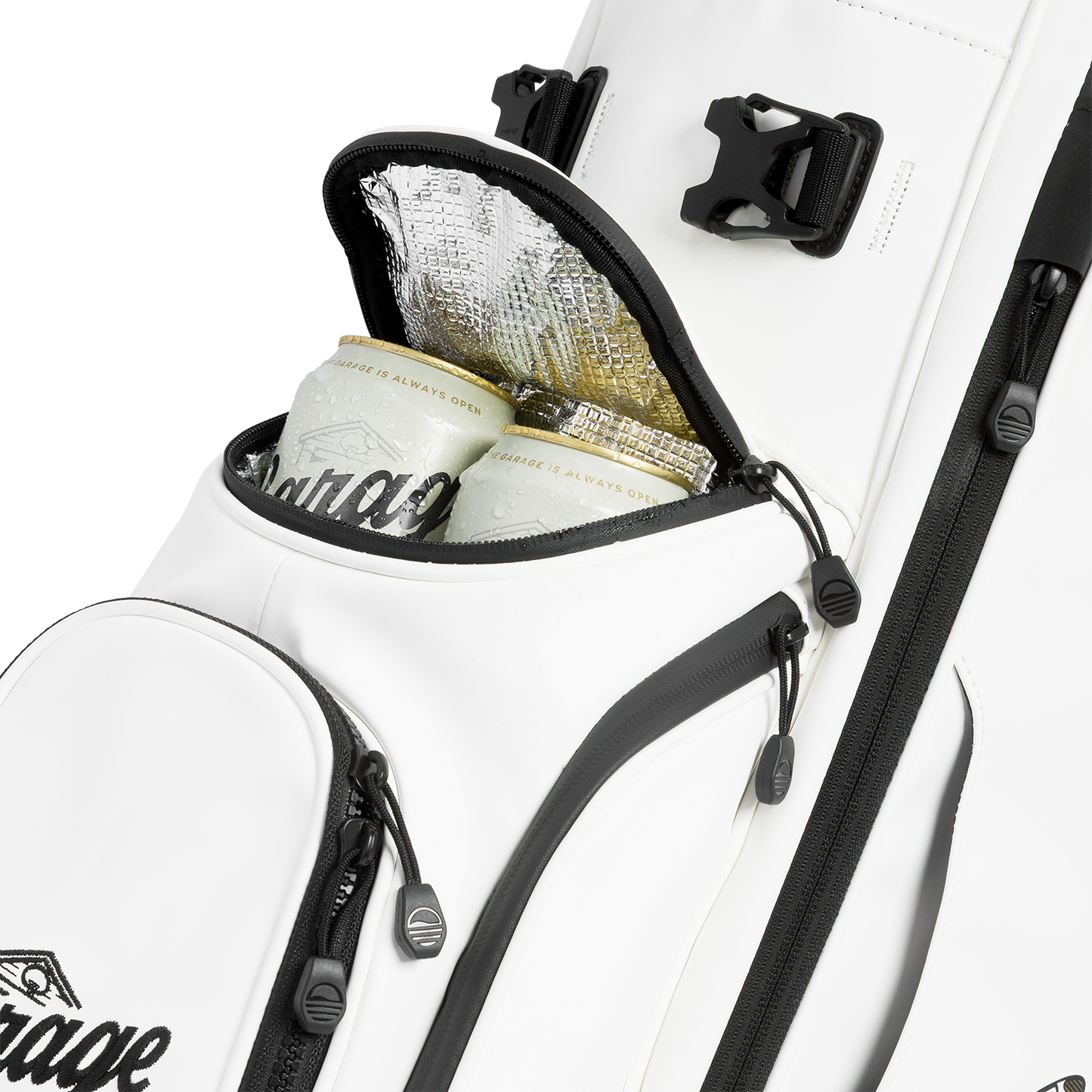 A close up shot of Ryder S-Class x Garage Beer collab golf bag’s frosty pocket with canned drinks inside