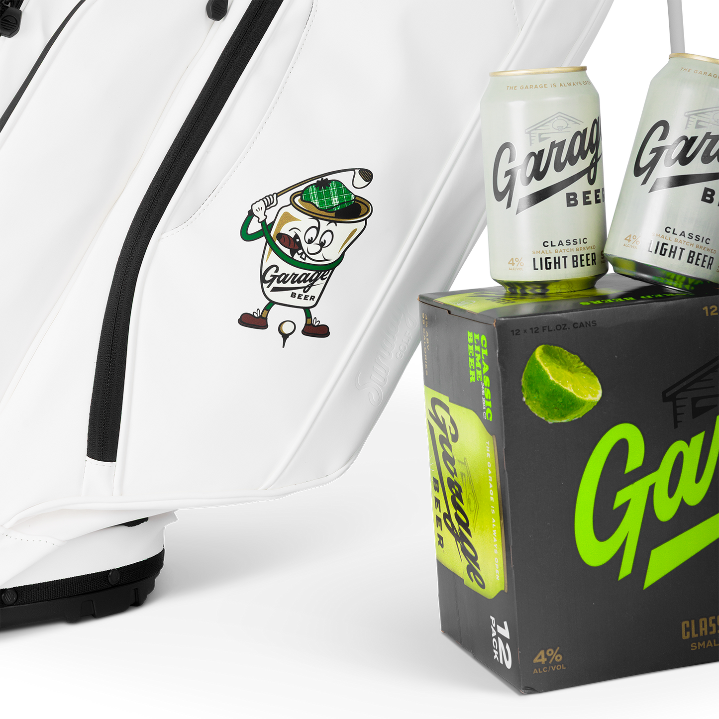Garage Beer cans and box with the Ryder S-Class x Garage Beer collab golf bag