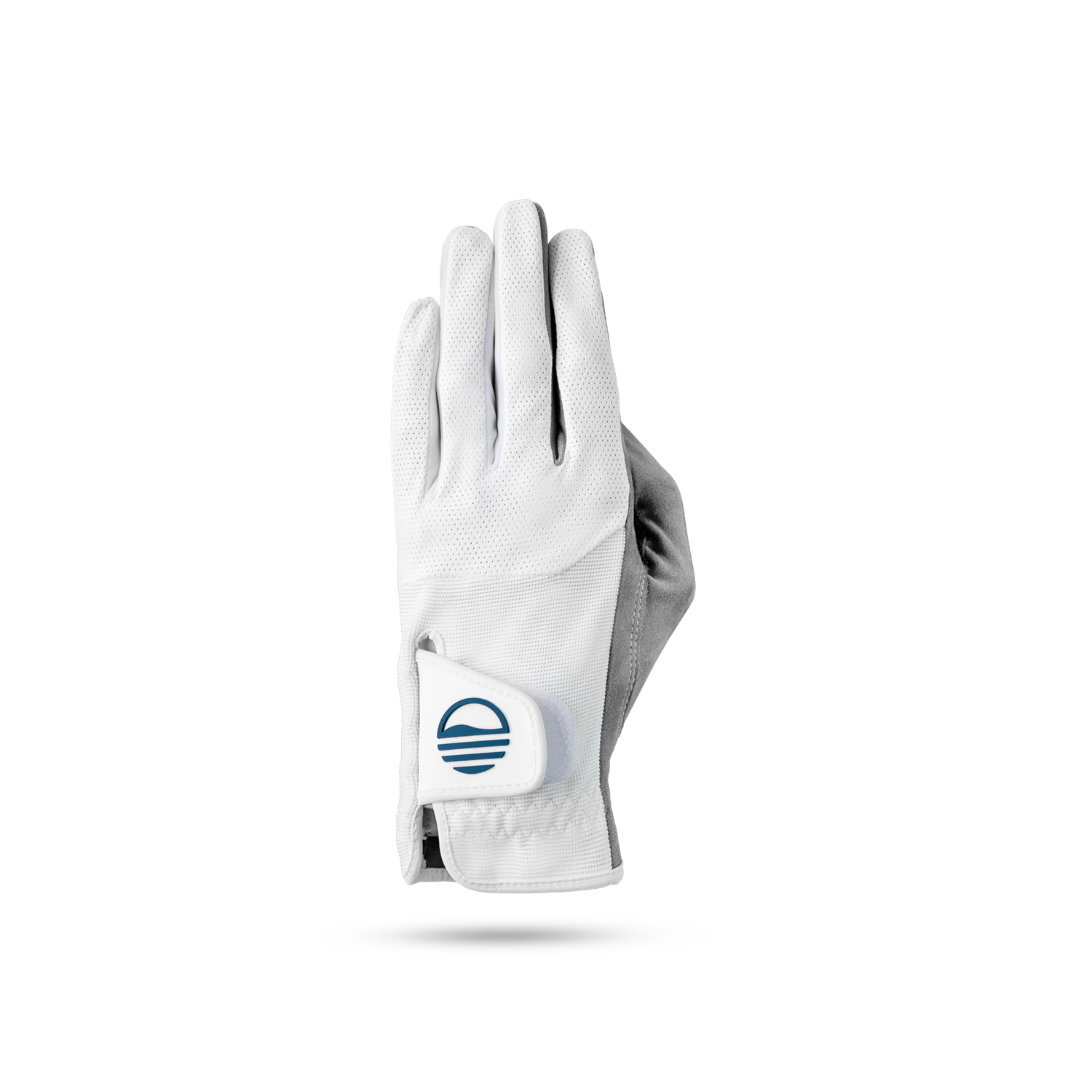 The back of golf glove in gray and white color suede material showing its velcro closure with Sunday Golf logo