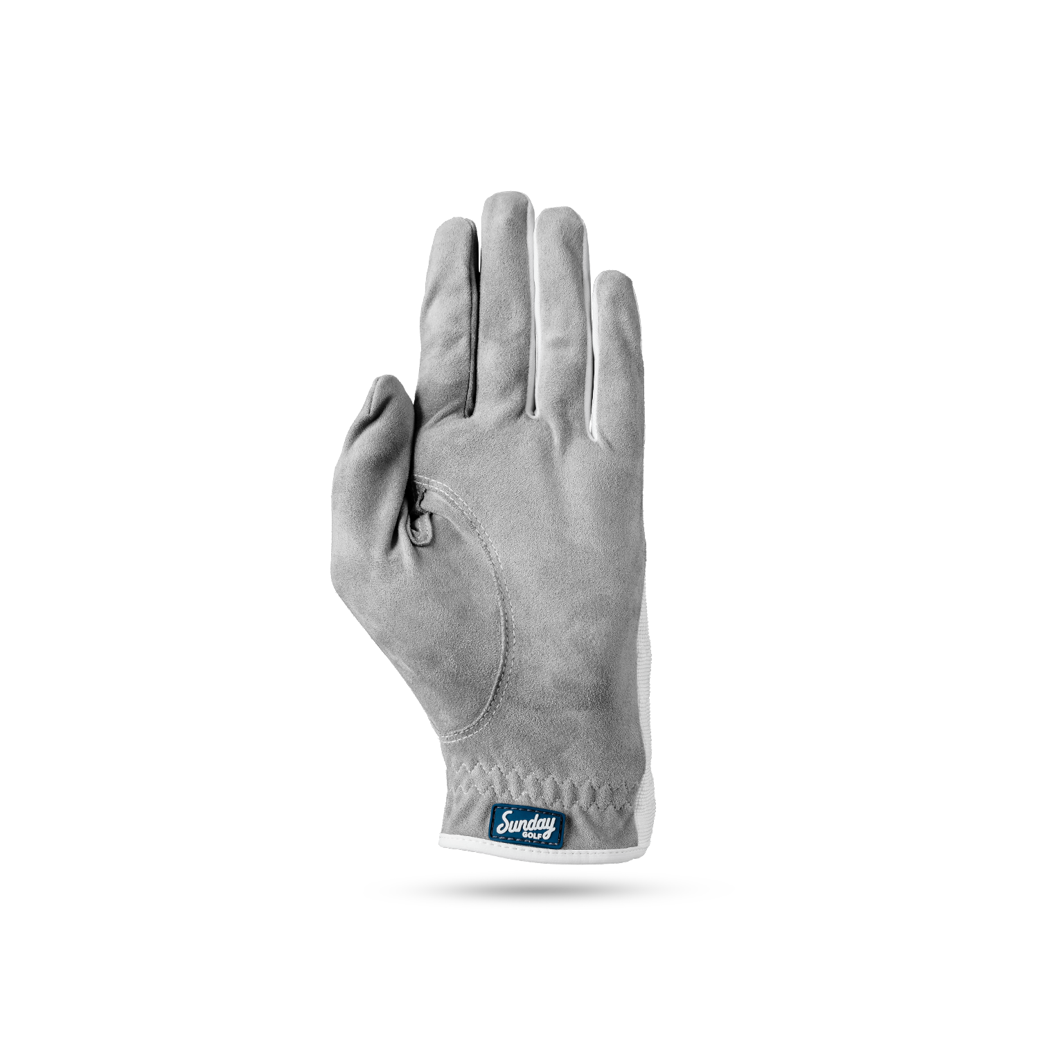 The front of golf glove in gray and white color suede material showing the Sunday Golf logo in its seams