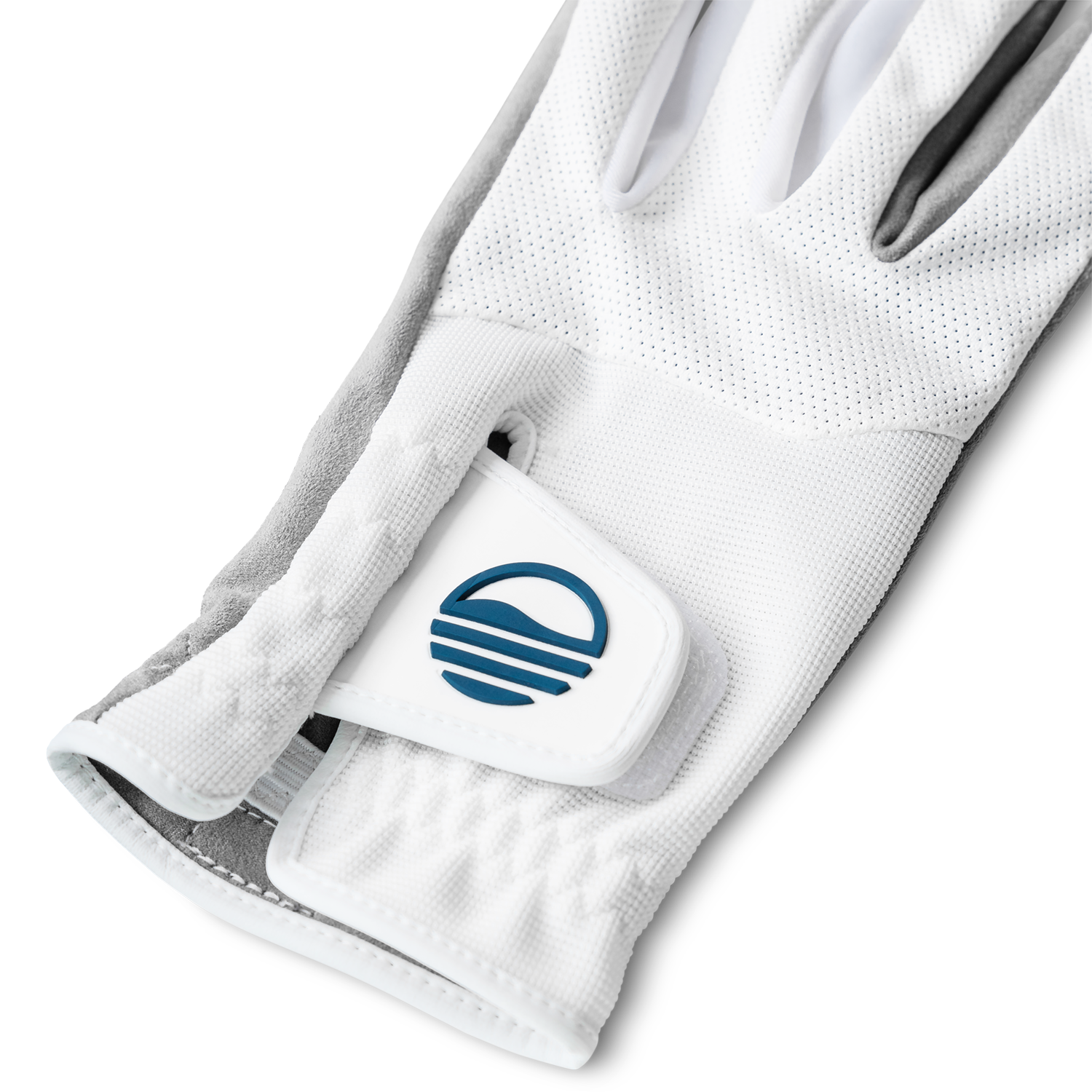 Close up shot of golf glove in gray and white color suede material showing its velcro closure with Sunday Golf logo