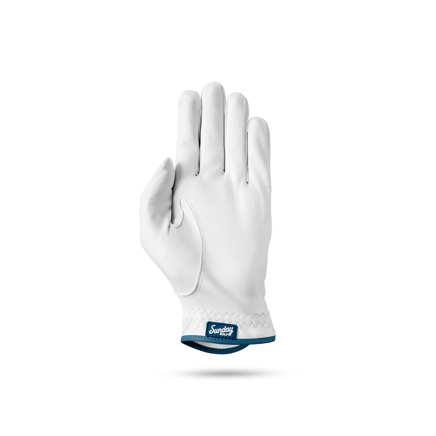 The front of leather golf glove in navy and white color showing Sunday Golf logo at its seams