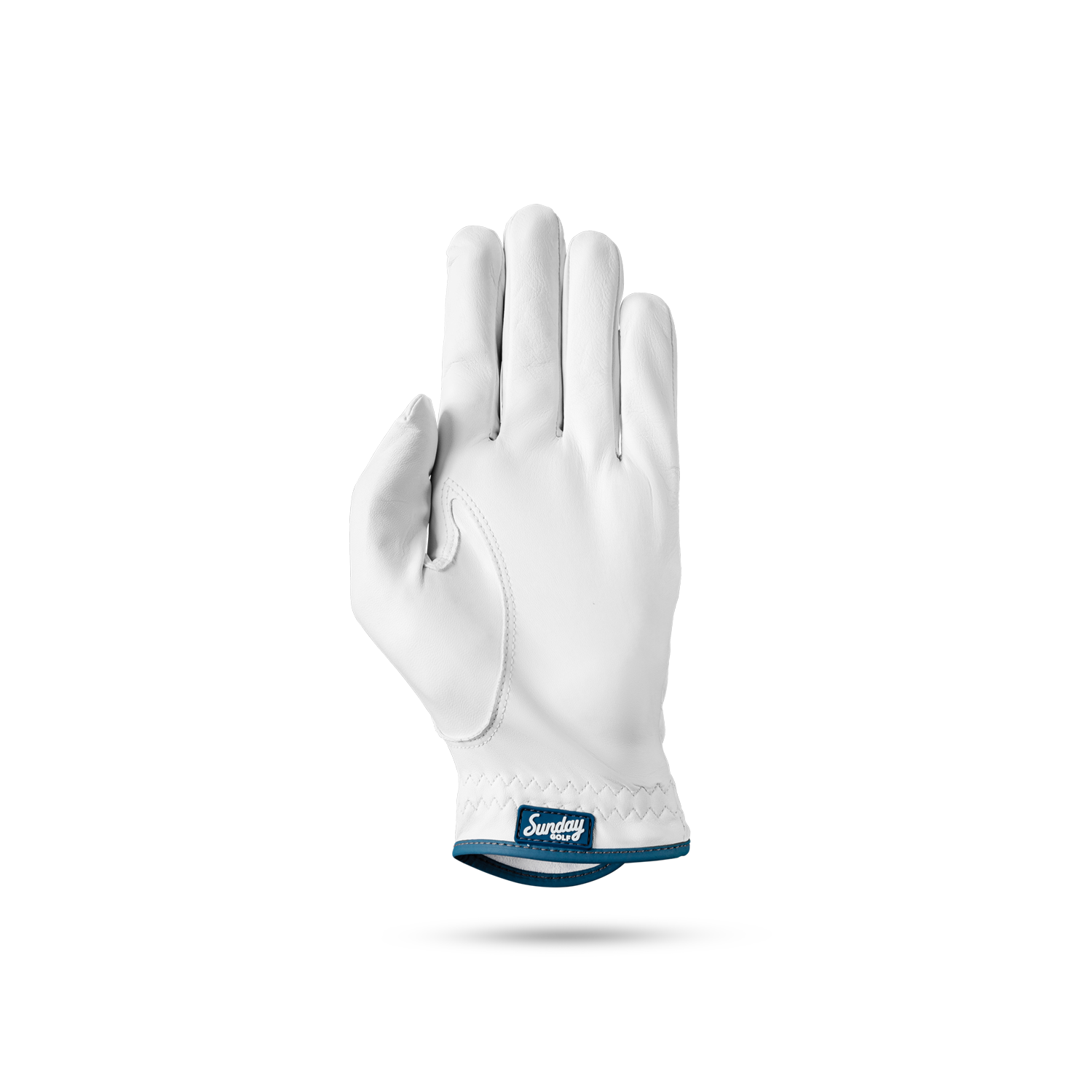 The front of leather golf glove in navy and white color showing Sunday Golf logo at its seams
