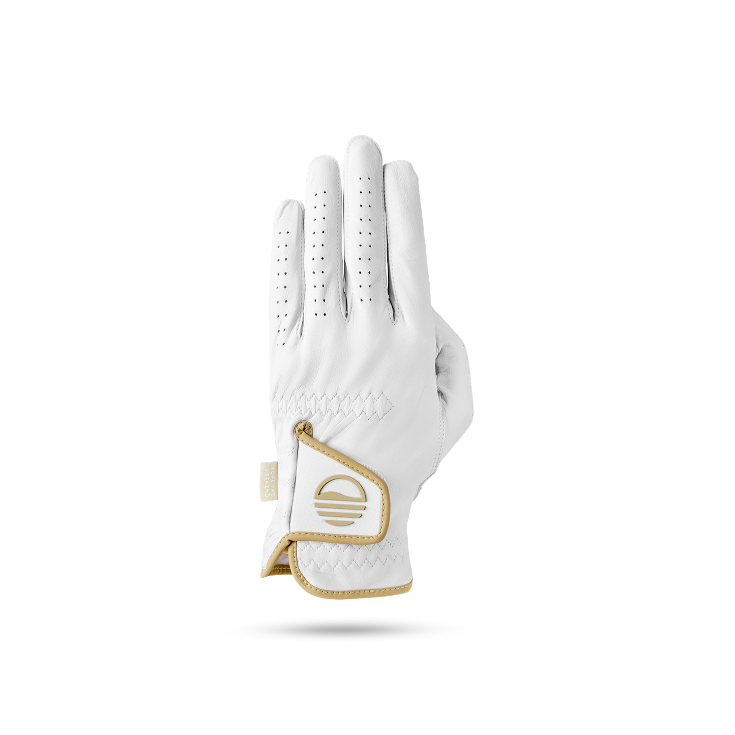 The back of leather golf glove in toasted almond and white color showing its velcro closure with Sunday Golf logo